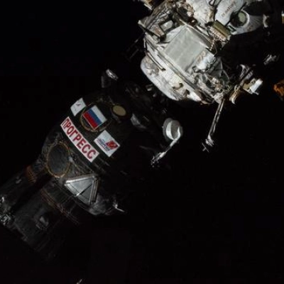 The Progress 94 cargo spacecraft is pictured docked to the International Space Station's Poisk module