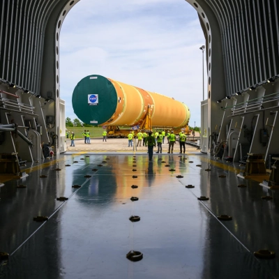 NASA moved the core stage, or the largest section, of the SLS (Space Launch System) rocket that will launch the...