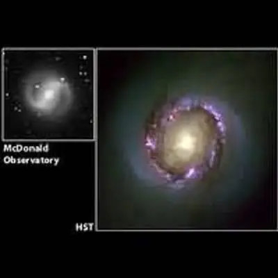 A Bright Ring of Star Birth Around Core of Galaxy NGC 4314 (right), and Ground-Based Image (left)
