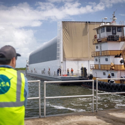 NASA’s Pegasus barge, carrying the top four-fifths of the agency’s SLS (Space Launch System) core stage for the Artemis III mission, arrives at NASA’s...