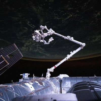 The International Space Station's U.S. segment gleams during an orbital sunset