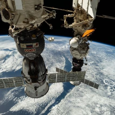 The Soyuz MS-26 and MS-27 crew ships docked to the International Space Station