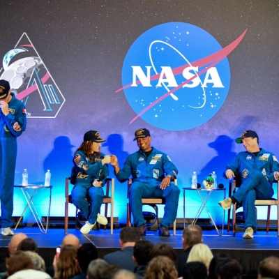 Date: April 11, 2026 Subject: Artemis-02 Crew Return Ceremony Location: Ellington Field Photo Credit: NASA/Bill Stafford