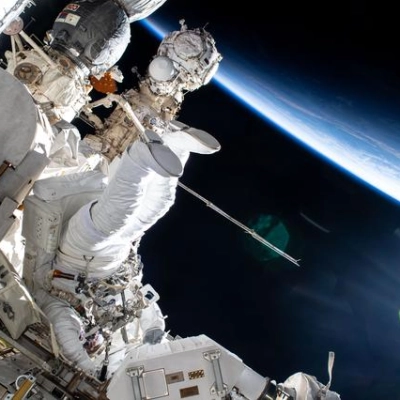 Astronaut Butch Wilmore works outside the International Space Station