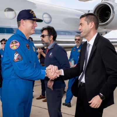 Date: April 11, 2026 Subject: Artemis-02 Crew Return Ceremony Location: Ellington Field Photo Credit: NASA/David DeHoyos