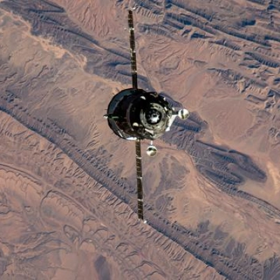 The Soyuz MS-27 spacecraft approaches the International Space Station