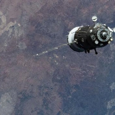 The Soyuz MS-28 crew spacecraft approaches the International Space Station