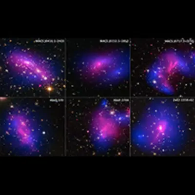 Six Cluster Collisions, with Dark-Matter Maps (Hubble and Chandra — Annotated)