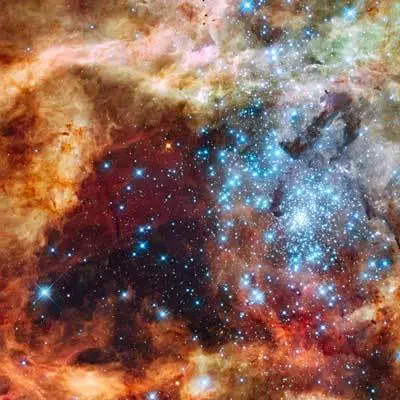 30 Doradus in Ultraviolet, Visible, and Red Light