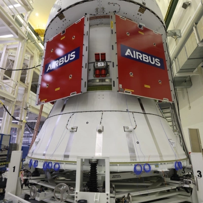 NASA and its partners work on the solar array wings for the agency’s Artemis III Orion spacecraft on Thursday, April...