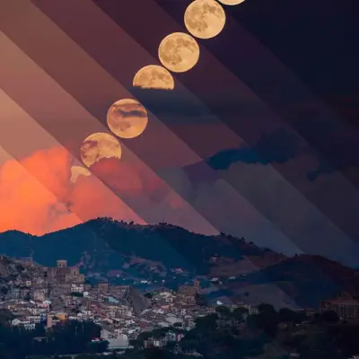 Harvest Moon with Erupting Mount Etna
