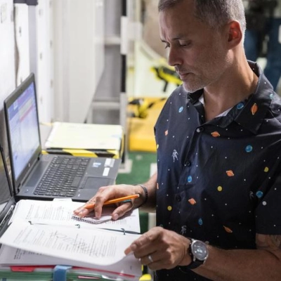 NASA astronaut Anil Menon participates in a training session at Johnson Space Center