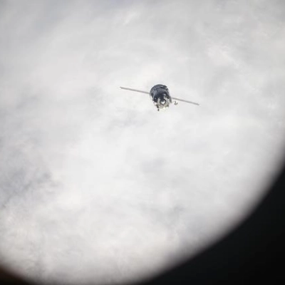 The Soyuz MS-26 spacecraft backs away from the International Space Station