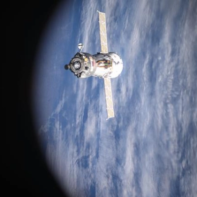 The Soyuz MS-26 spacecraft backs away from the International Space Station