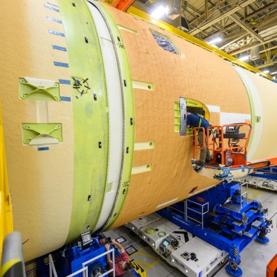 Teams with Boeing – NASA’s Prime Contractor for the agency’s SLS (Space Launch System) rocket – mate the forward and...