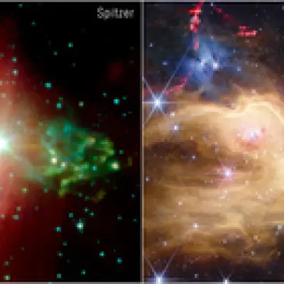 NGC 7129 Side-by-Side (Spitzer and Webb Image)