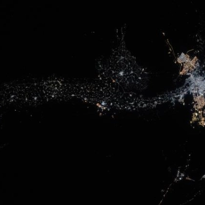 Egypt’s Nile River stretches is pictured at night from the International Space Station