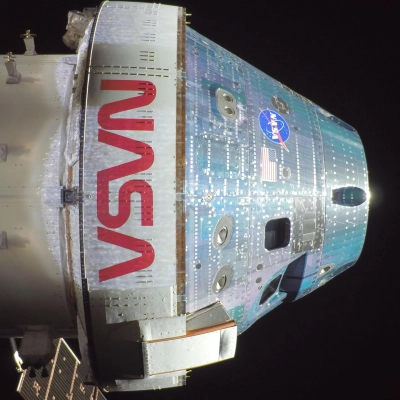 art002e004357 (April 3, 2026) - Orion snapped this high-resolution selfie in space with a camera mounted on one of its...