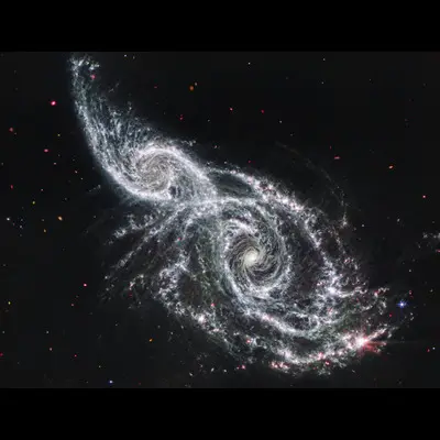 Galaxies IC 2163 and NGC 2207 (Webb MIRI Image)