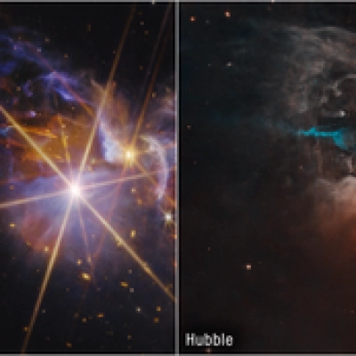 FS Tau Side-by-Side (Webb and Hubble Image)