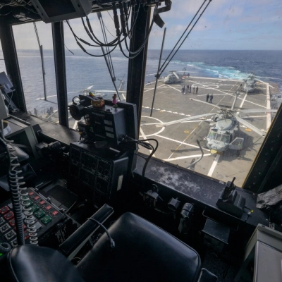 View of the USS John P. Murtha flight deck is seen from the air boss tower ahead of the return...