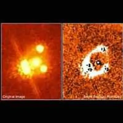 Split, Distorted Light From Quasar PG1115+080 (left) and a Stretched Ring of Galactic Light (right)