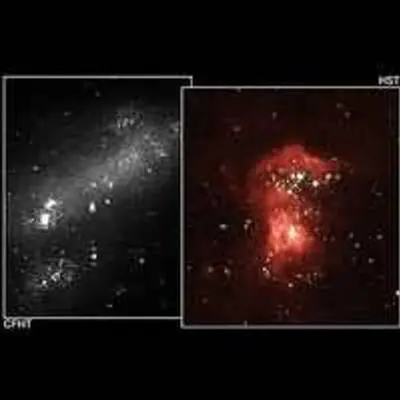Bright Starbirth Region NGC 2363 in Dim Galaxy NGC 2366