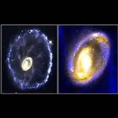 Supersonic Comet-Like Objects (right) in Heart of the Cartwheel Galaxy (left)