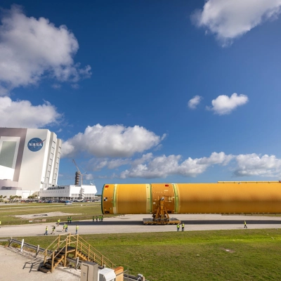 NASA’s top four-fifths of the SLS (Space Launch System) core stage for the Artemis III mission is offloaded from the...