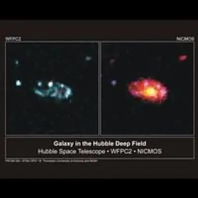 A Spiral Galaxy From the Hubble Deep Field in Visible (left) and Infrared Light (right)