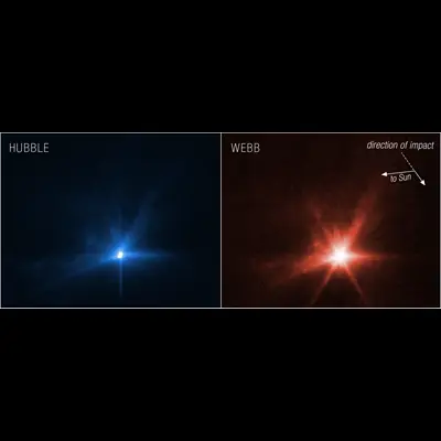 Hubble/Webb Side-by-Side of Dimorphos Ejecta