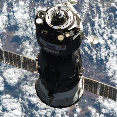 The Soyuz MS-28 crew spacecraft approaches the International Space Station