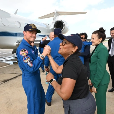 Date: April 11, 2026 Subject: Artemis-02 Crew Return Ceremony Location: Ellington Field Photo Credit: NASA/Robert Markowitz