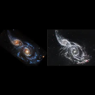 Galaxies IC 2163 and NGC 2207 (Hubble and Webb Images Side by Side)