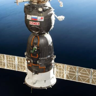 The Soyuz MS-28 crew spacecraft after docking to the International Space Station